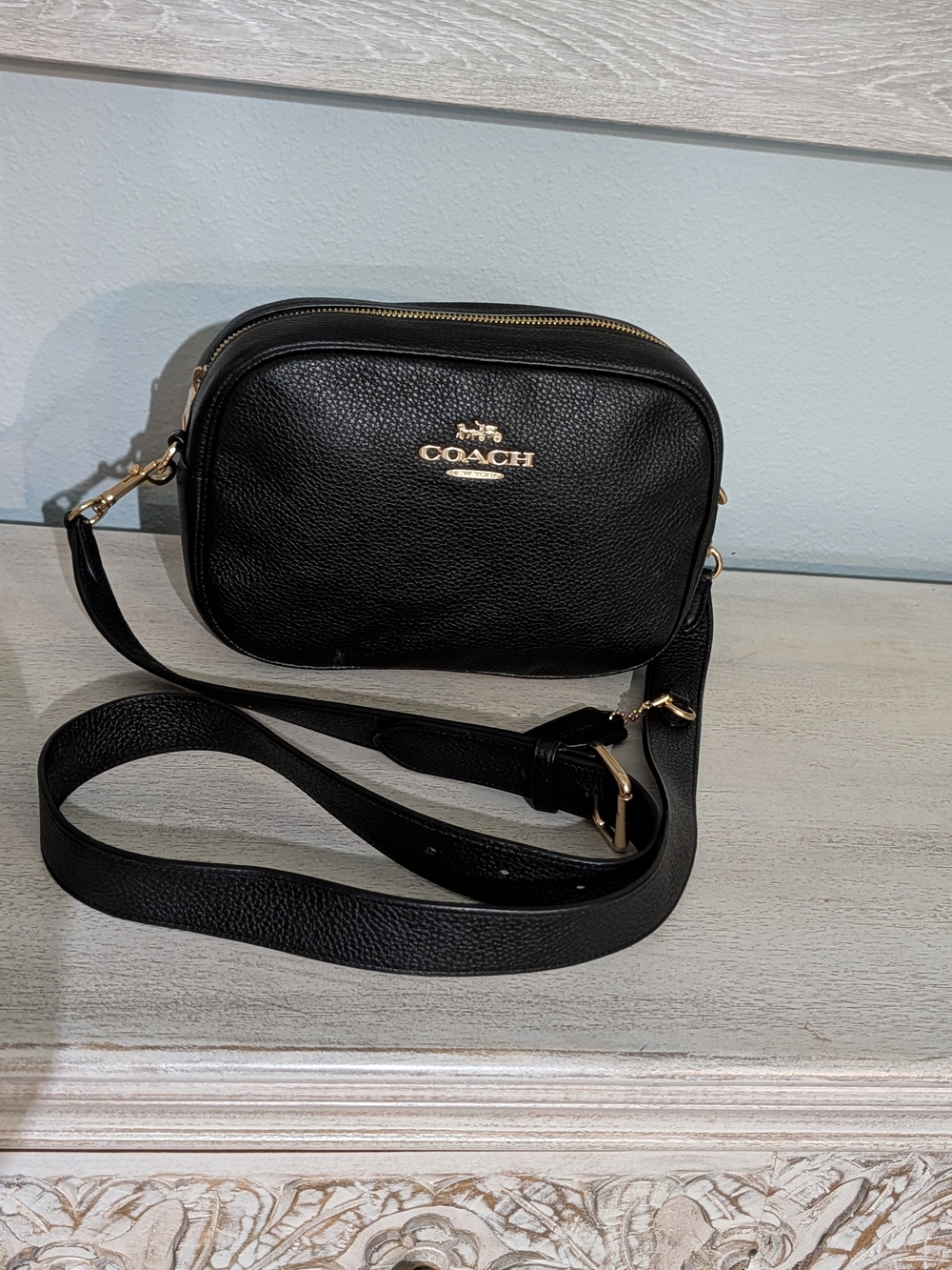 COACH Black Pebbled Leather Camera Crossbody with Gold Hardware
